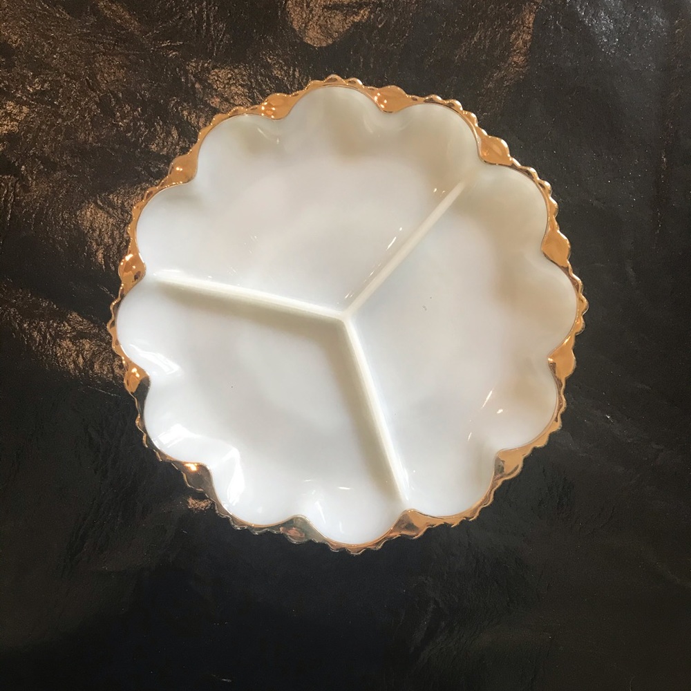 Vintage milk glass  white / gold relish tray